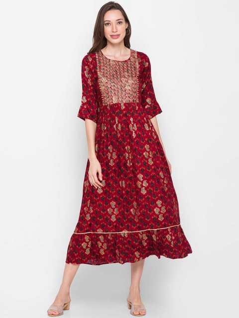 

ZOLA Women Maroon Yoke Design Keyhole Neck Flared Sleeves Anarkali Kurta