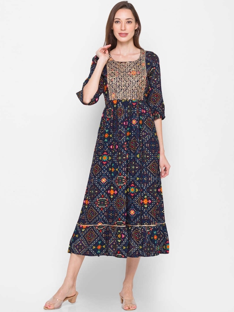 

ZOLA Women Blue Geometric Yoke Design Flared Sleeves Anarkali Kurta