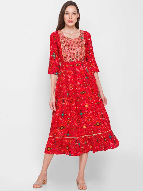 

ZOLA Women Red Geometric Embroidered Flared Sleeves Mirror Work Anarkali Kurta