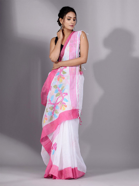 

Charukriti White & Pink Woven Design Pure Linen Saree