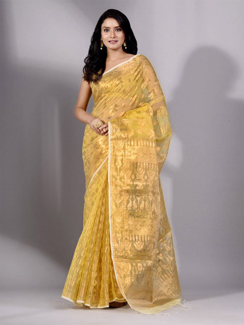 

Charukriti Yellow & Gold-Toned Woven Design Silk Cotton Jamdani Saree