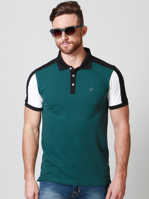 

Solly Sport by Allen Solly Men Green & Black Colourblocked Polo Collar T-shirt