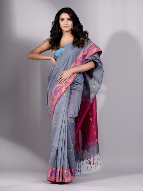 

Charukriti Grey & Pink Woven Design Saree