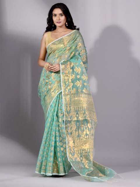 

Charukriti Sea Green & Gold-Toned Woven Design Silk Cotton Jamdani Saree