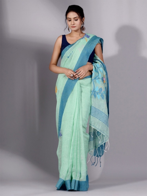 

Charukriti Green & Blue Woven Design Pure Linen Saree