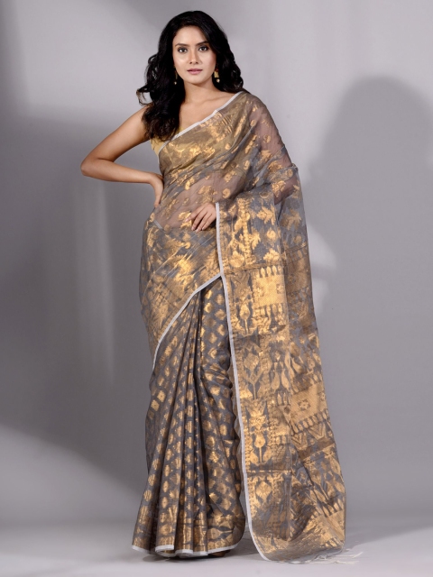 

Charukriti Grey & Gold-Toned Woven Design Silk Cotton Jamdani Saree