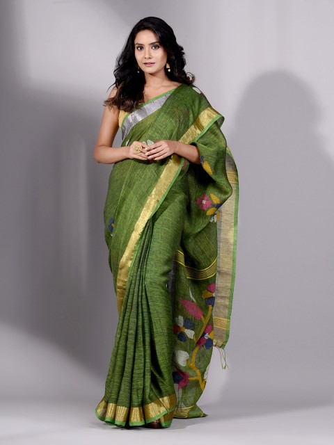 

Charukriti Green & Gold-Toned Woven Design Pure Linen Saree