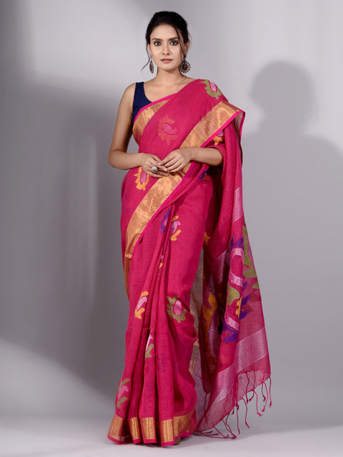 

Charukriti Magenta & Blue Woven Design Pure Linen Saree