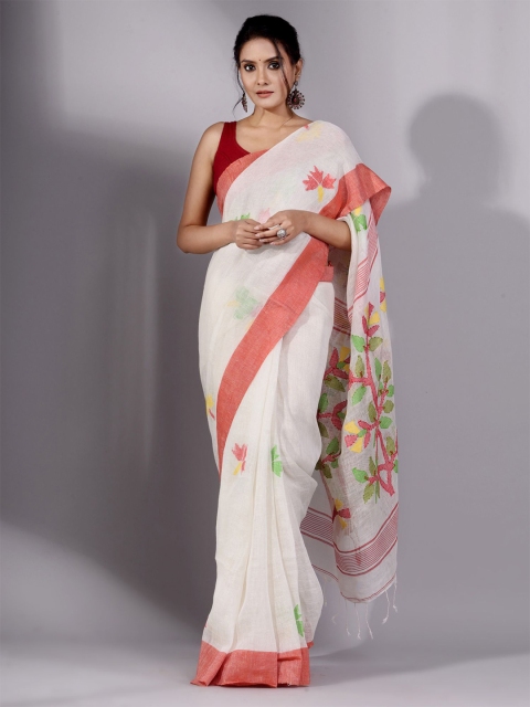 

Charukriti White & Pink Woven Design Pure Linen Saree