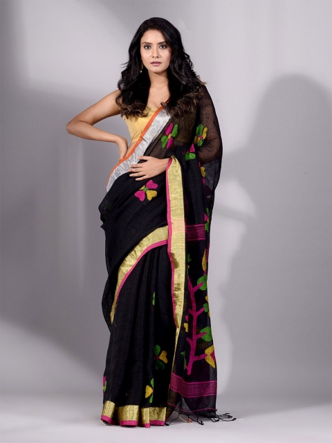 

Charukriti Black & Green Woven Design Pure Linen Saree