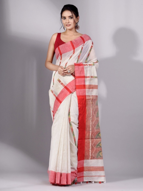 

Charukriti White & Red Woven Design Tissue Saree