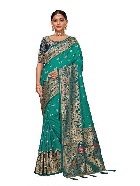 

MANOHARI Blue & Gold-Toned Woven Design Zari Silk Blend Banarasi Saree