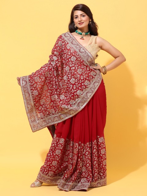 

kasee Red & Gold-Toned Floral Sequinned Pure Georgette Heavy Work Saree
