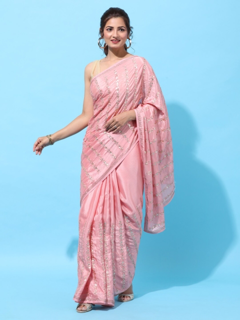 

kasee Pink Floral Sequinned Pure Crepe Heavy Work Saree