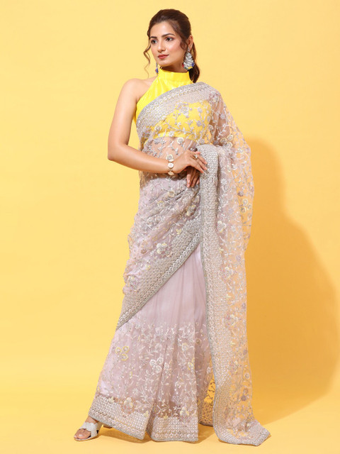 

kasee Lavender & Silver-Toned Floral Sequinned Net Heavy Work Saree