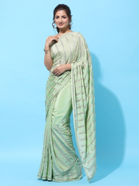 

kasee Green & Silver-Toned Floral Sequinned Pure Crepe Heavy Work Saree