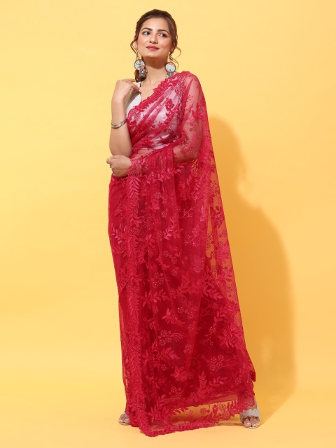 

kasee Red Floral Sequinned Net Heavy Work Saree