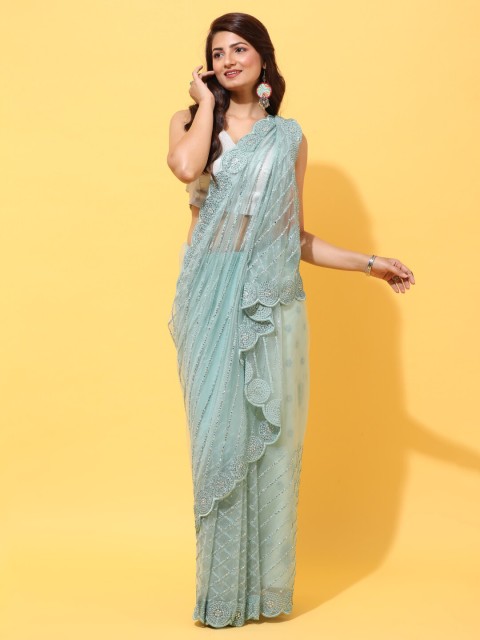 

kasee Blue Floral Sequinned Net Heavy Work Saree
