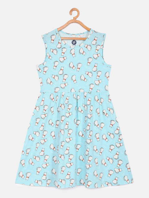 

YK Girls Blue All over Cat Printed Fit & Flare Sleeveless Jersey Dress, Multi