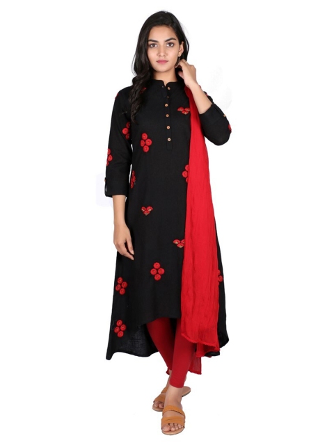 

SUTI Black & Red Floral Embroidered Pure Cotton Kurti