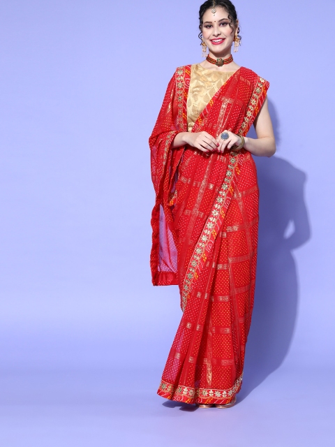 

Mitera Bandhani Saree with Embroidered border, Red