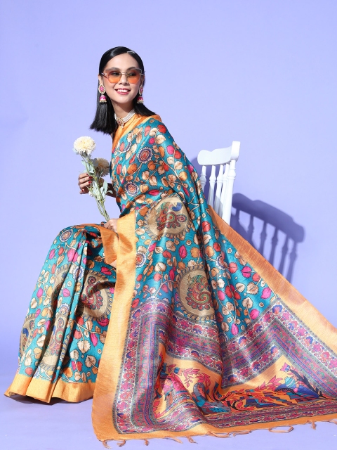 

Saree mall Kalamkari Saree With Solid Border, Blue