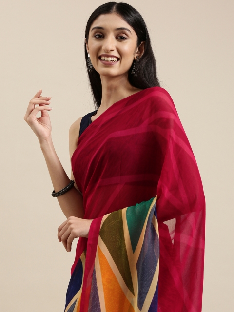 

Shaily Maroon & Mustard Yellow Abstract Print Saree With Unstitched Blouse
