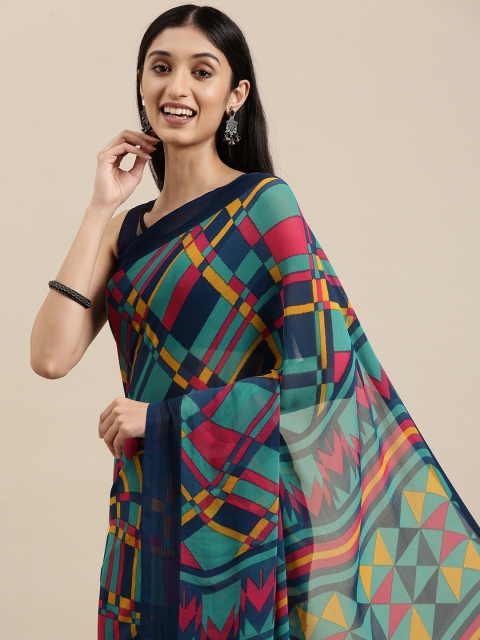 

Shaily Navy Blue & Pink Abstract Print Saree With Unstitched Blouse