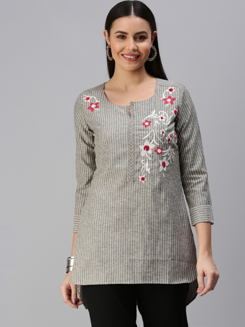 

ETIQUETTE Olive Green & White Striped Embroidered Kurti