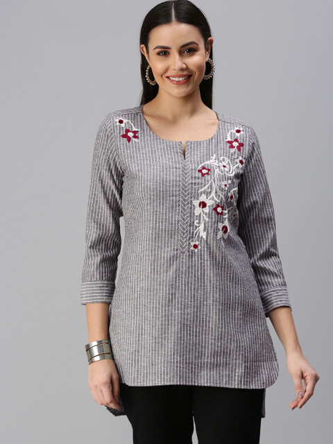 

ETIQUETTE Grey & White Striped Embroidered Kurti