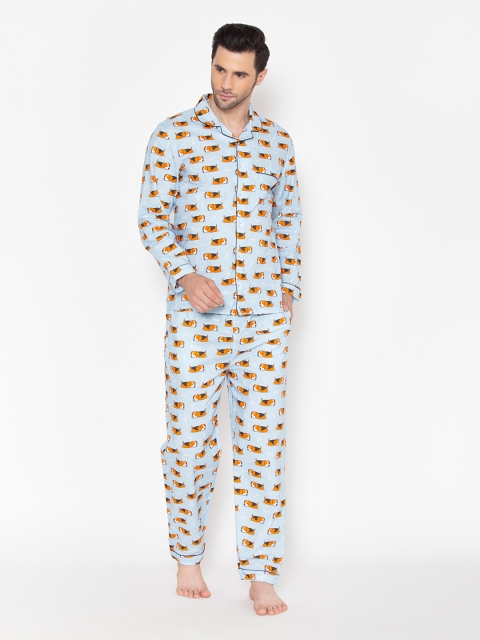 

Fluffalump Men Blue & Orange Printed Pure Cotton Night Suit