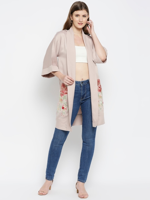 

aaliya Women Rose Gold Floral Striped Longline Open Front Jacket with Embroidered