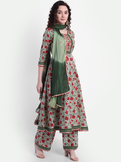 

Wyfees Women Green Floral Pleated Gotta Patti Pure Cotton Kurti with Dhoti Pants & With Dupatta