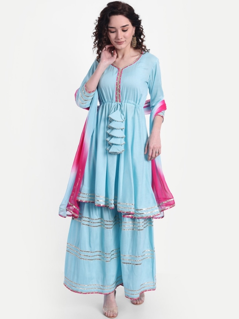 

Wyfees Women Blue Floral Gotta Patti Kurta with Churidar & With Dupatta