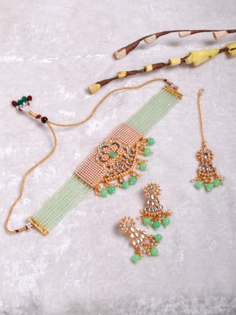 

STEORRA JEWELS Gold-Plated Green & White Kundan Studded & Beaded Jewellery Set