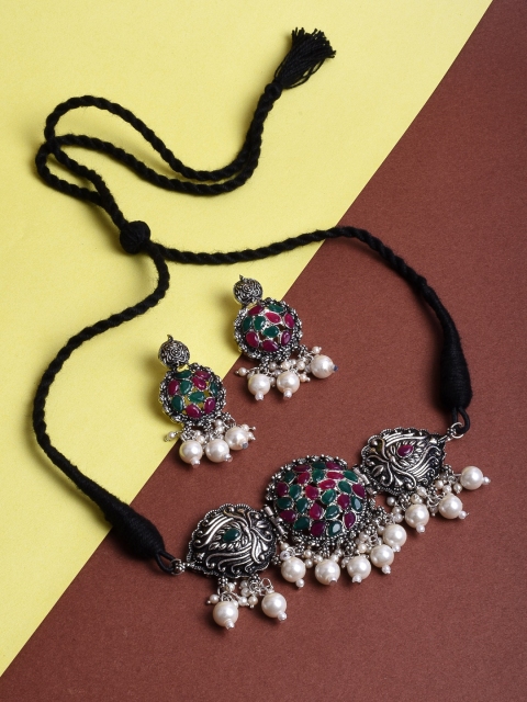 

STEORRA JEWELS Green & Pink Pearl Embedded Gold-Plated Tribal Oxidized Jewellery Set