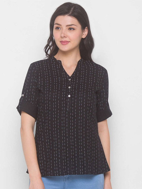 

ZOLA Black & White Viscose Rayon Mandarin Collar Printed Tunic