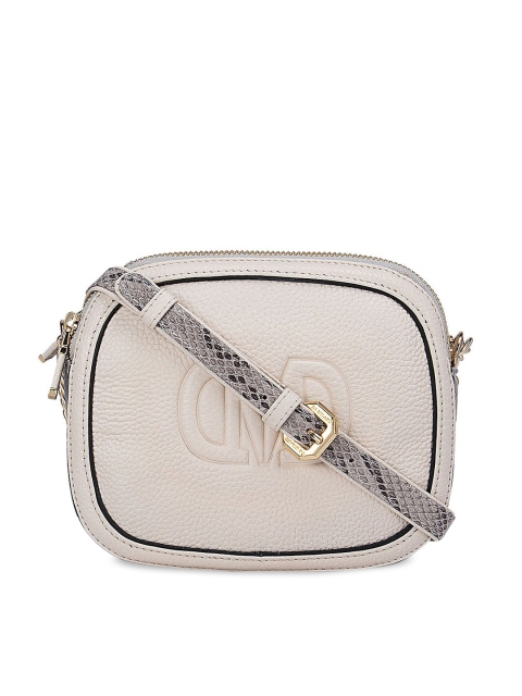 

Da Milano Off White Textured Leather Half Moon Sling Bag with Tasselled
