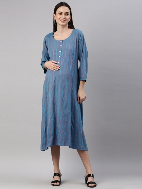 

GOLDSTROMS Blue Ethnic Motifs Maternity A-Line Midi Dress