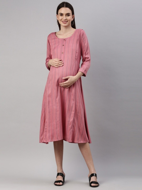

GOLDSTROMS Peach-Coloured Striped Maternity A-Line Midi Dress