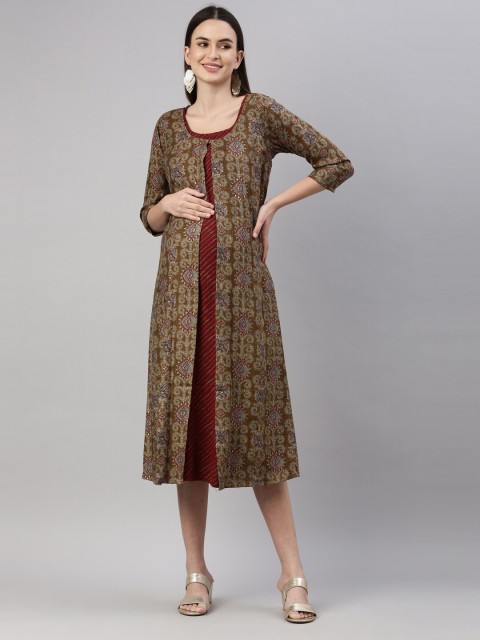 

GOLDSTROMS Khaki Ethnic Motifs Maternity A-Line Midi Dress