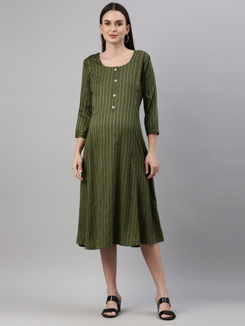 

GOLDSTROMS Green Striped Maternity A-Line Midi Dress