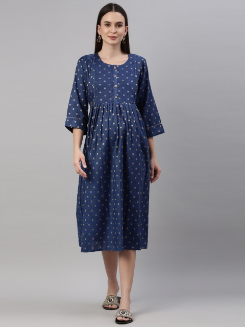 

GOLDSTROMS Blue Ethnic Motifs Maternity A-Line Midi Dress
