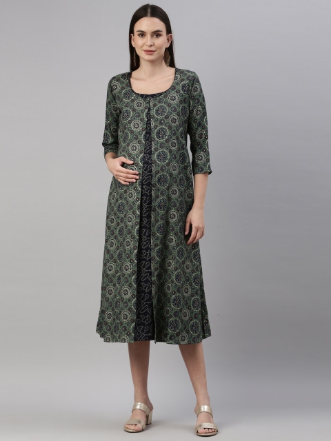 

GOLDSTROMS Green Ethnic Motifs Maternity A-Line Midi Dress