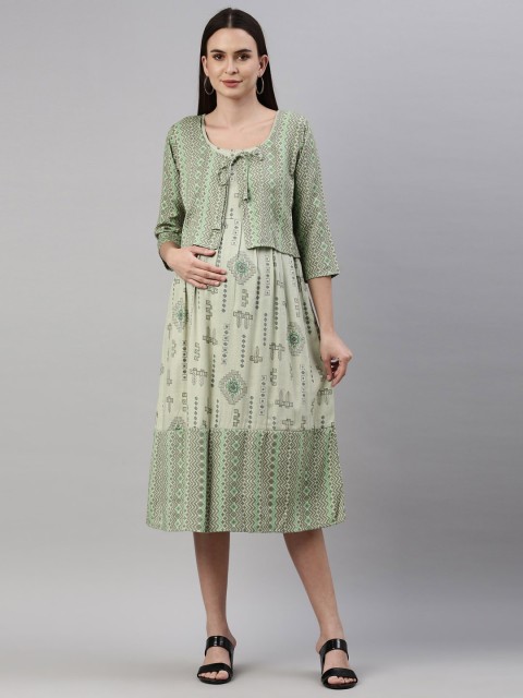 

GOLDSTROMS Green Ethnic Motifs Tie-Up Neck Maternity A-Line Midi Dress