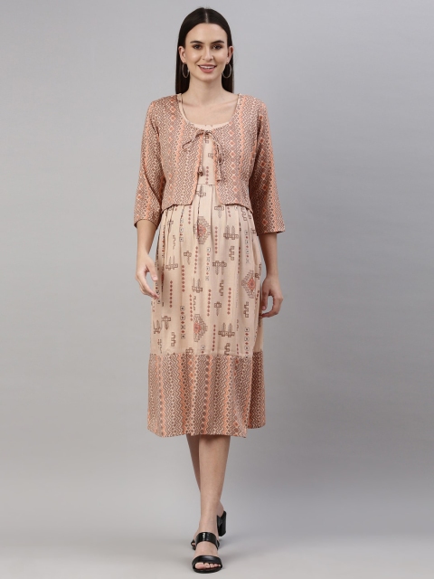 

GOLDSTROMS Peach-Coloured Ethnic Motifs Tie-Up Neck Maternity Midi Dress