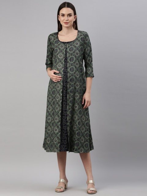 

GOLDSTROMS Green Ethnic Motifs Maternity A-Line Midi Dress