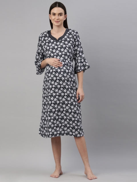 

GOLDSTROMS Navy Blue Ethnic Motifs Maternity A-Line Midi Dress