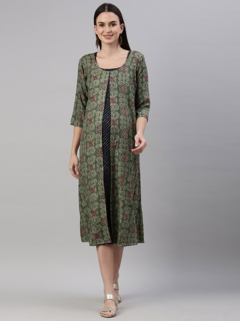 

GOLDSTROMS Green Ethnic Motifs Maternity A-Line Midi Dress