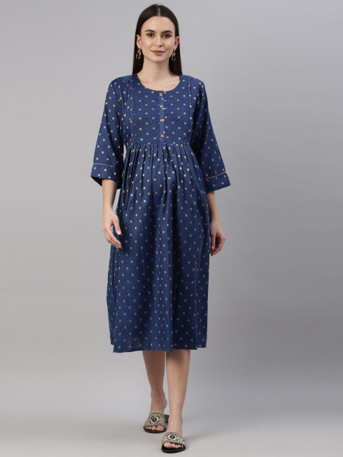 

GOLDSTROMS Blue Ethnic Motifs Maternity A-Line Midi Dress